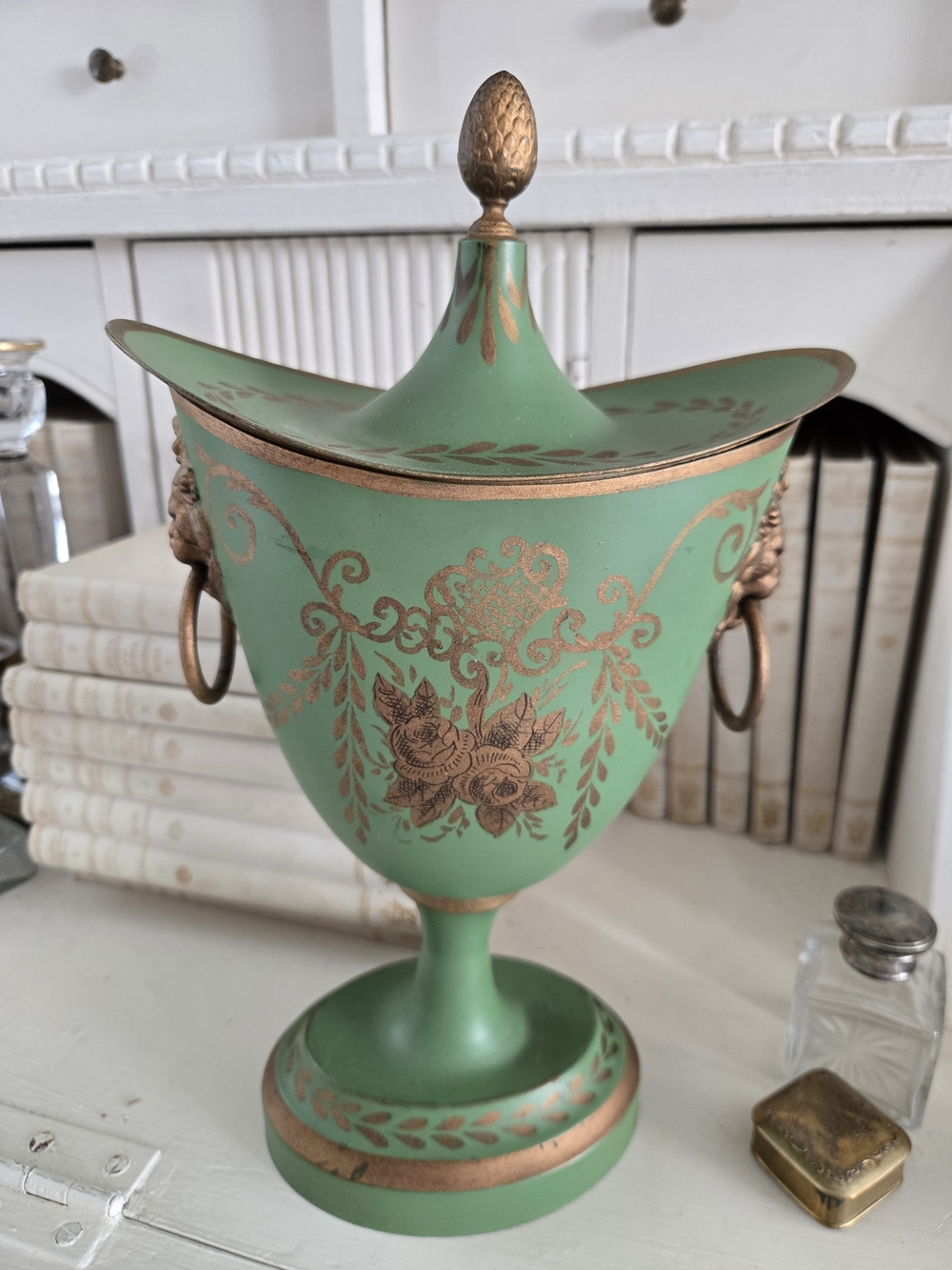 French Vintage Green & Gold Toleware Decorative Urn With Lion Ring Handles & Lid